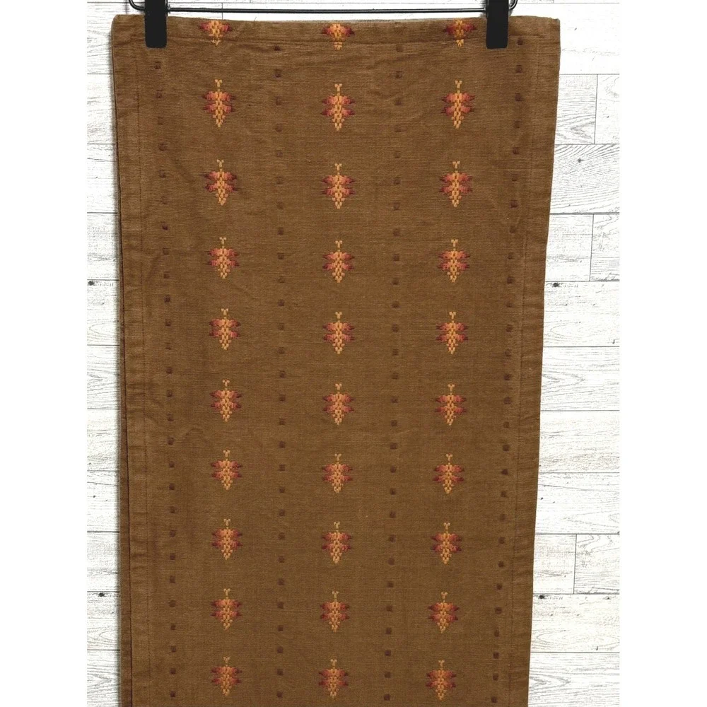 Brown Woven Table Runner 84x14 Autumn Harvest Embroidered Leaf Pattern Rustic